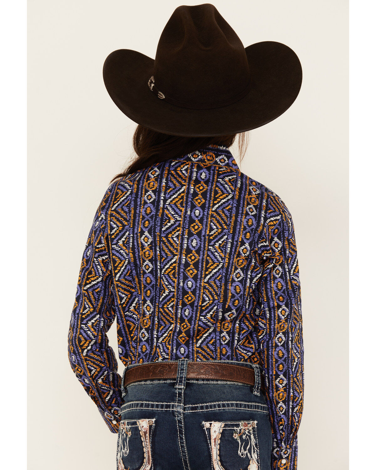 Image #4 - Cruel Girl Girls' Southwestern Stripe Print Long Sleeve Snap Western Shirt, Navy, hi-res