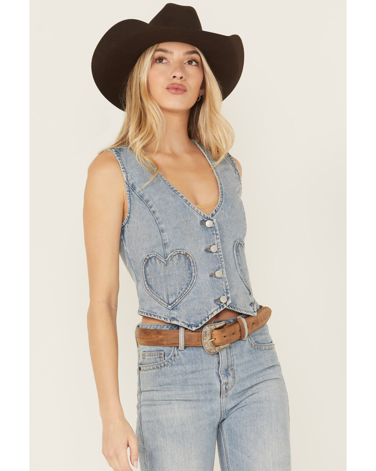 Image #1 - Ashley Vintage Charm by 26 International Women's Heart Pocket Denim Vest, Medium Wash, hi-res