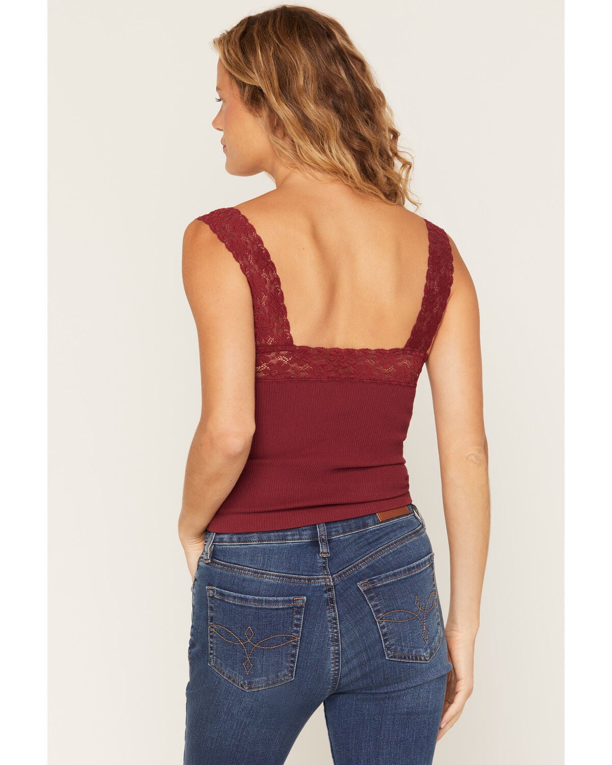 Image #4 - By Together Women's Lace Trim Ribbed Tank, Wine, hi-res