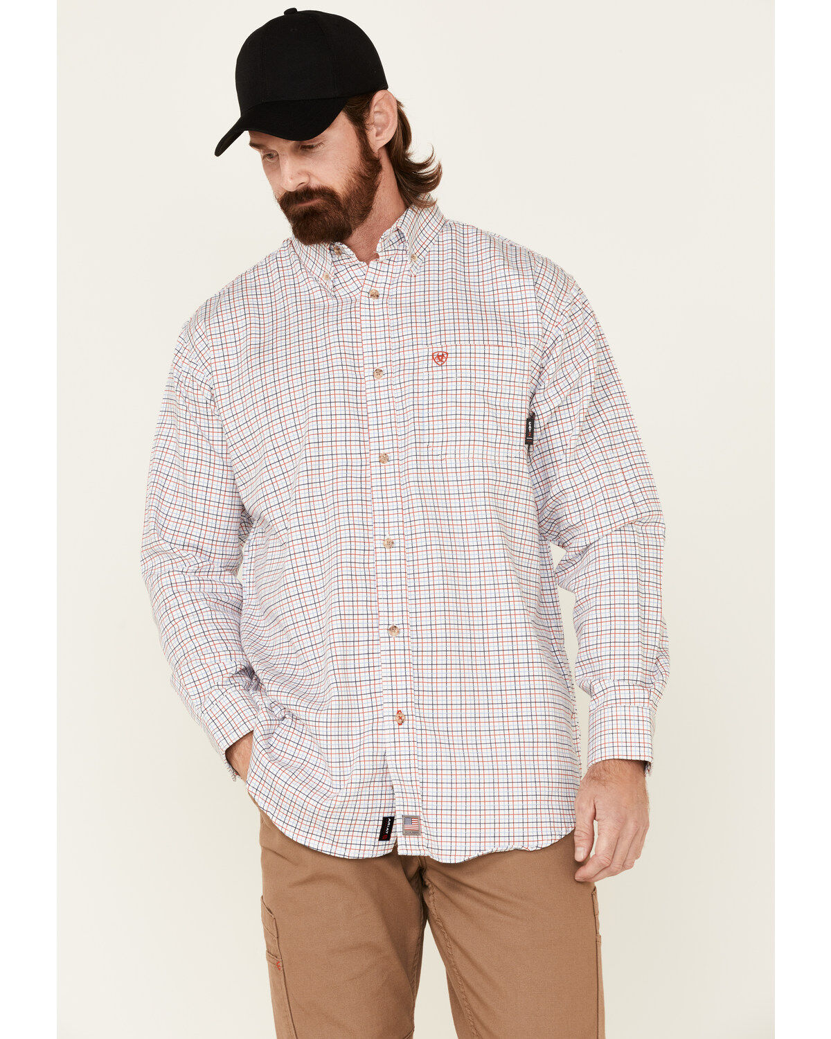 Image #1 - Ariat Men's FR Gauge Plaid Print Long Sleeve Button Down Work Shirt, White, hi-res