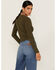 Lush Women's Olive Long Sleeve Cross Front Ribbed Knit Surplice Top, Olive, hi-res