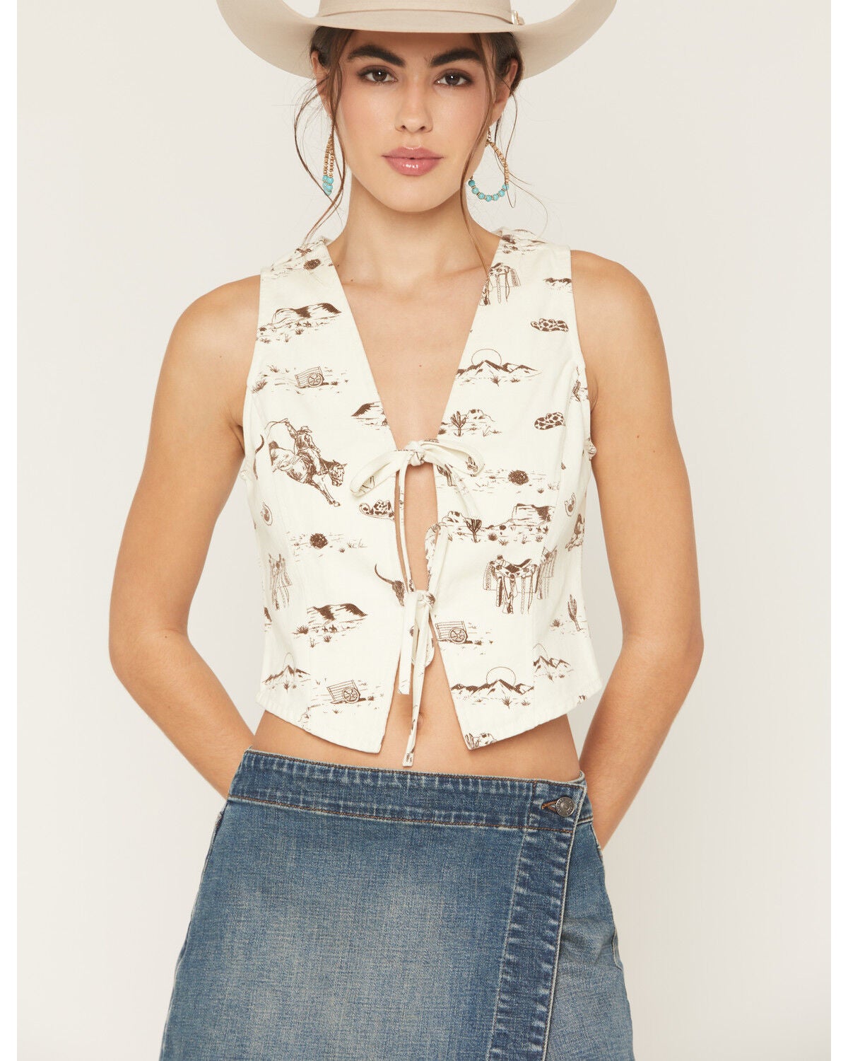 Image #1 - Ashley Women's Boot Barn Exclusive Rodeo Print Tie-Front Denim Vest, Cream, hi-res