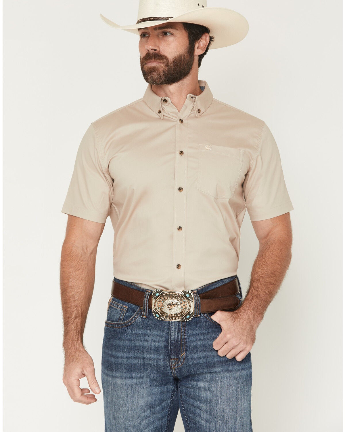 Cody James Men's Basic Solid Short Sleeve Button-Down Stretch Western Shirt, Tan, hi-res