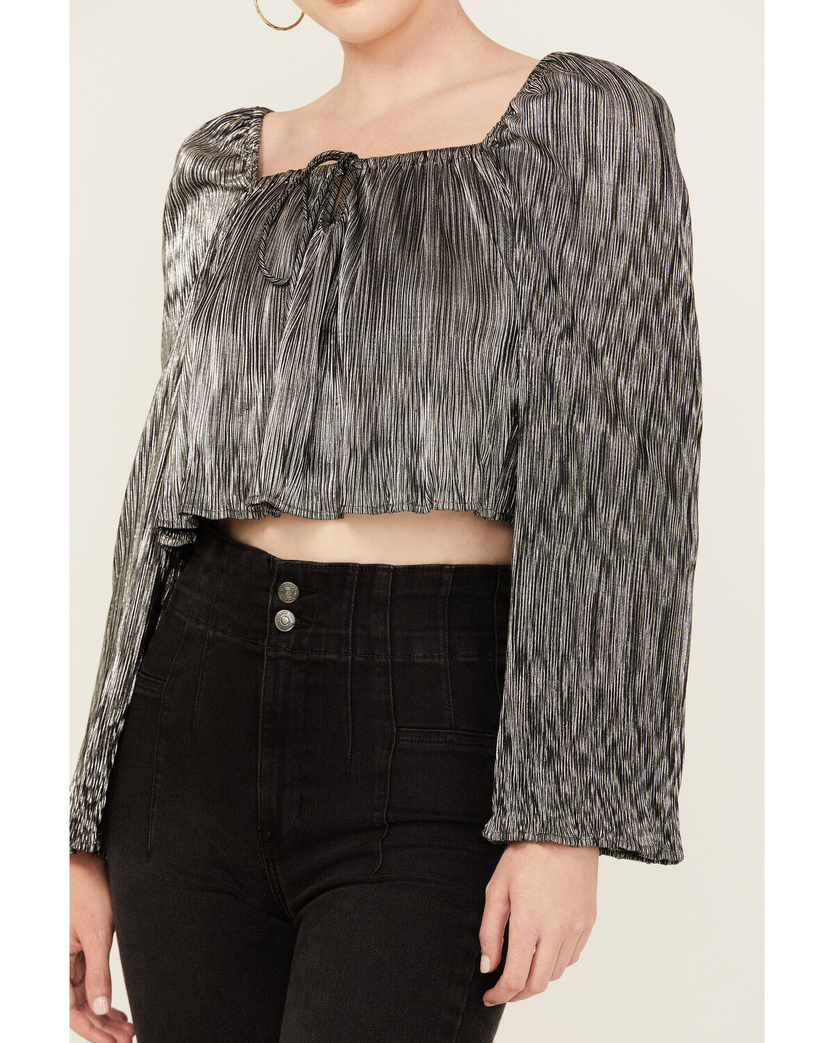 Image #3 - Jen's Pirate Booty Women's Jade Long Sleeve Metallic Pleated Top, Silver, hi-res