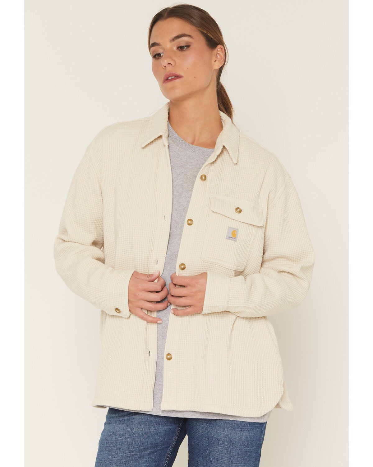 Carhartt Women's Oversized Fit Heavyweight Waffle Knit Work Shirt, Ivory, hi-res