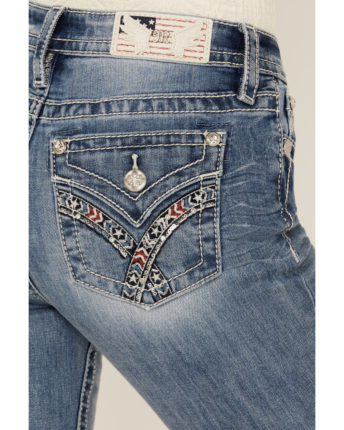 Product Name:  Miss Me Women's Medium Wash Mid Rise Americana Pocket Bootcut Stretch Denim Jeans