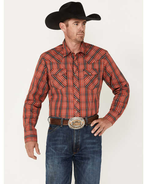 Wrangler Men's Plaid Long Sleeve Snap Western Shirt, Red, hi-res