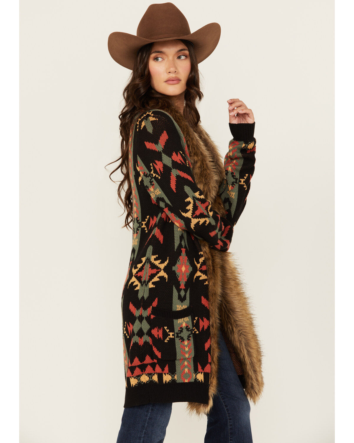 Image #2 - Panhandle Women's Southwestern Print Fur Trim Cardigan, , hi-res