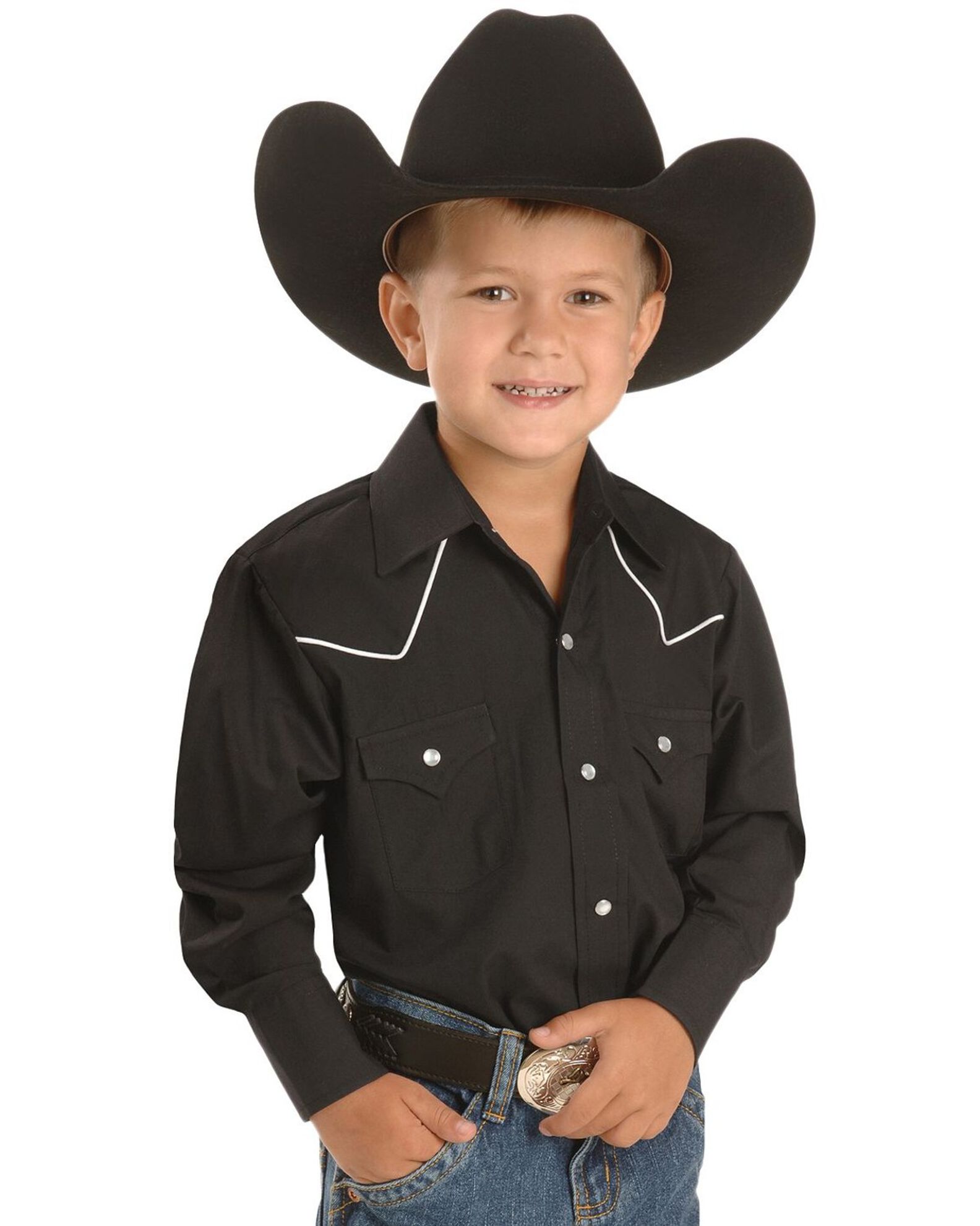 Image #1 - Ely Walker Boys' Solid Long Sleeve Pearl Snap Western Shirt, Black, hi-res