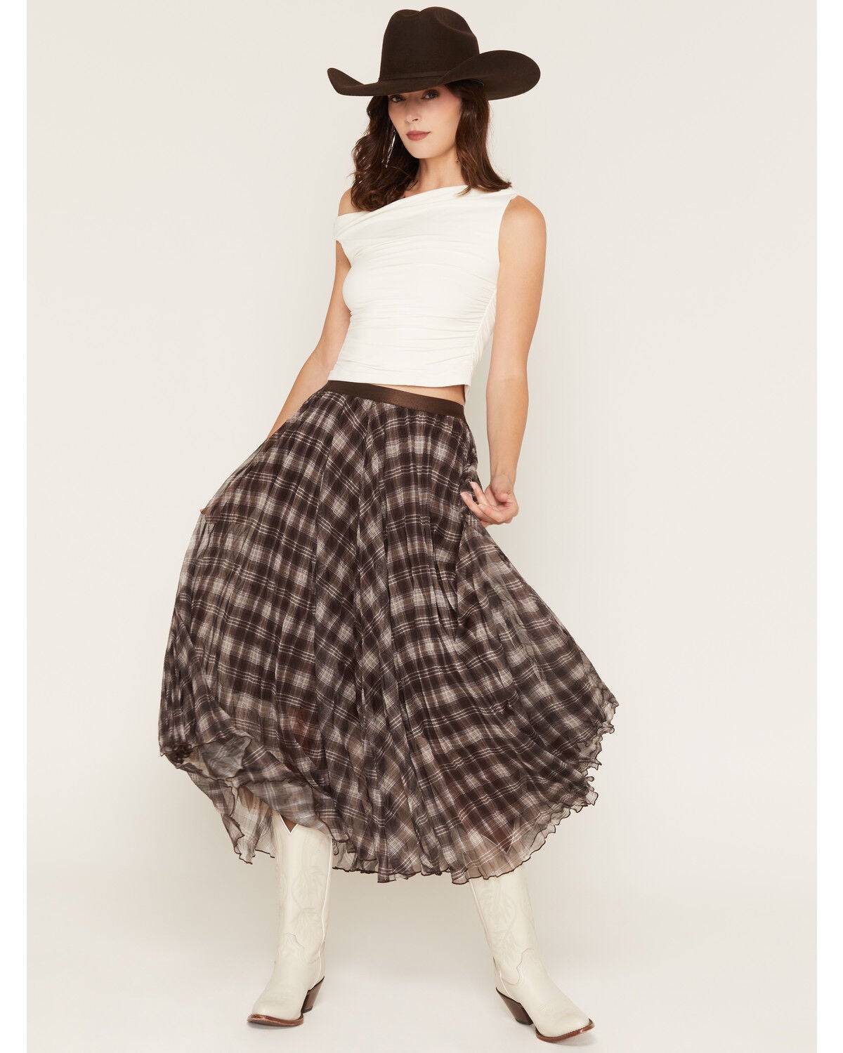 Lili Sidonio Women's Plaid Print Midi Skirt, Chocolate, hi-res