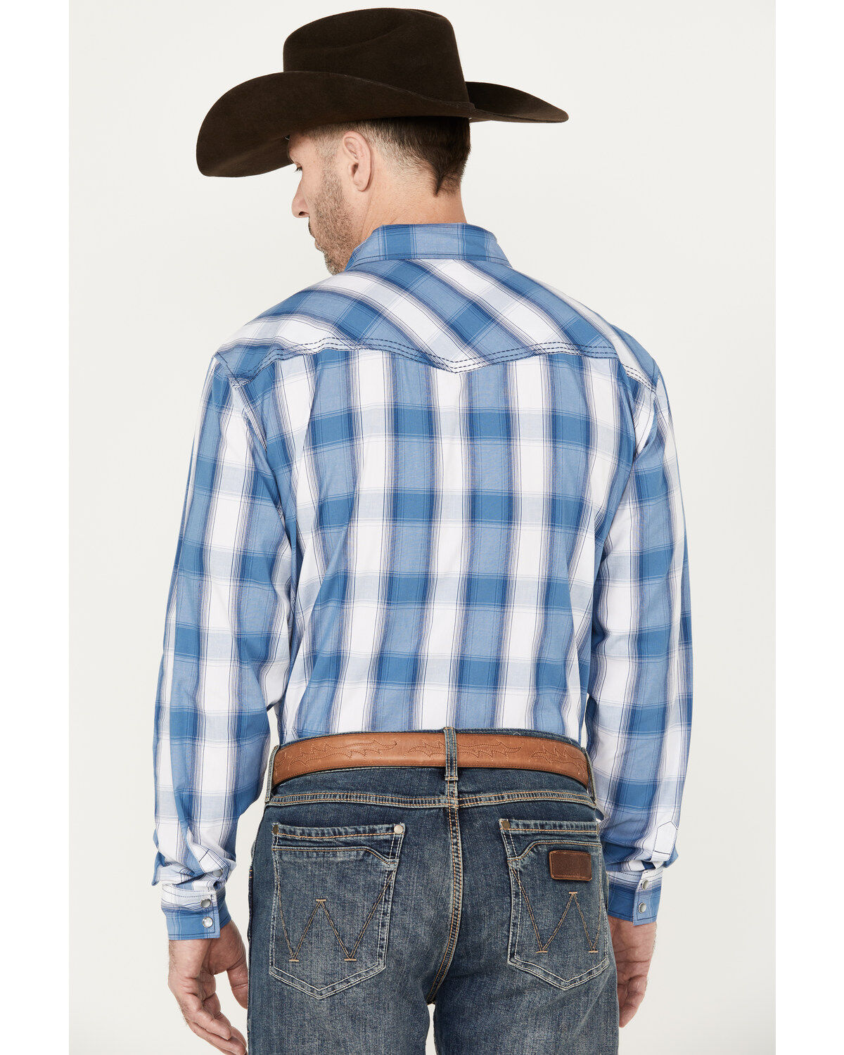 Image #4 - Cowboy Hardware Men's Hombre Plaid Print Long Sleeve Pearl Snap Western Shirt, Blue, hi-res