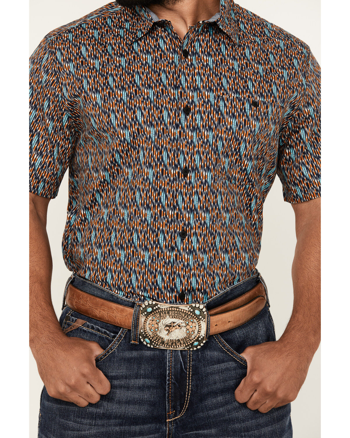 Image #3 - RANK 45® Men's Raflame Geo Print Short Sleeve Button-Down Stretch Western Shirt, Gold, hi-res