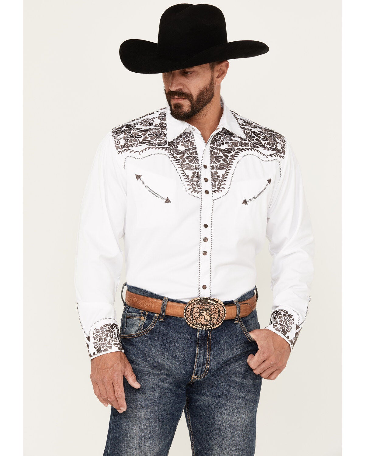 Scully Men's Embroidered Gunfighter Long Sleeve Snap Western Shirt, Steel, hi-res
