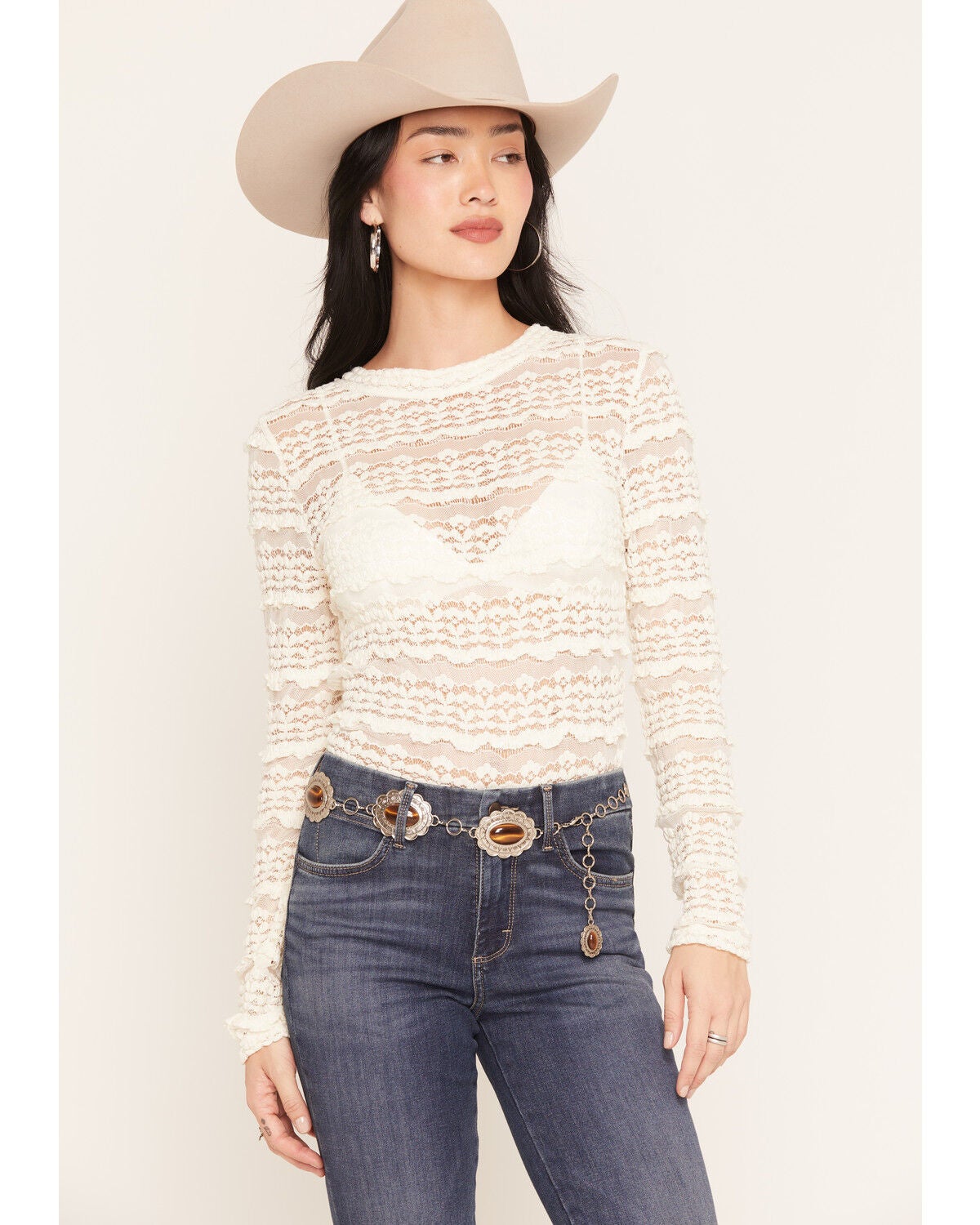 Image #1 - Shyanne Women's Ainsley Floral Tiger Eye Concho Chain Belt, Silver, hi-res