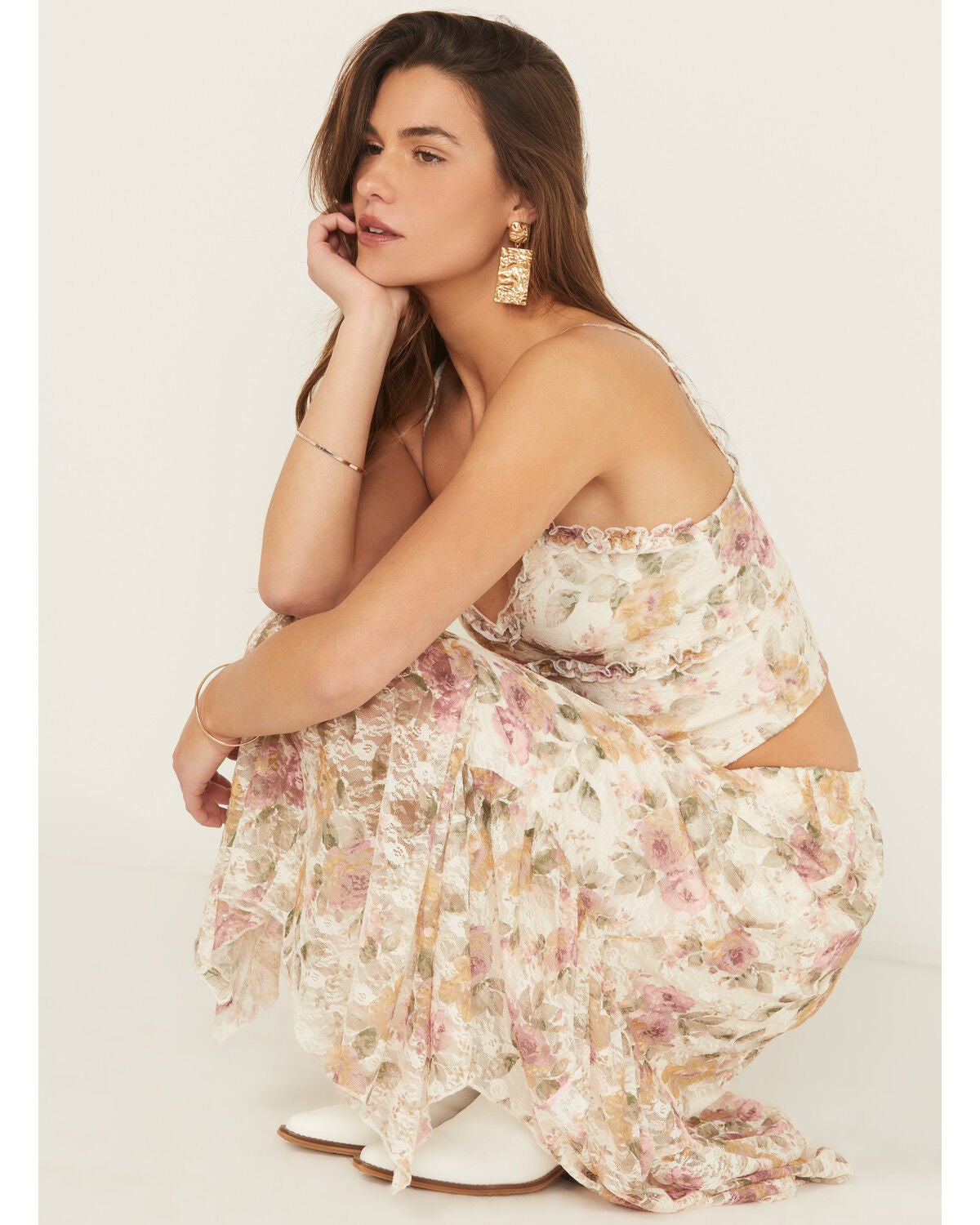 Originality Women's Floral Print Lace Sleeveless Cropped Tank Top, Cream, hi-res