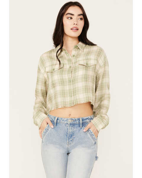 Image #1 - Cleo + Wolf Women's Long Sleeve Cropped Shirt, Green, hi-res