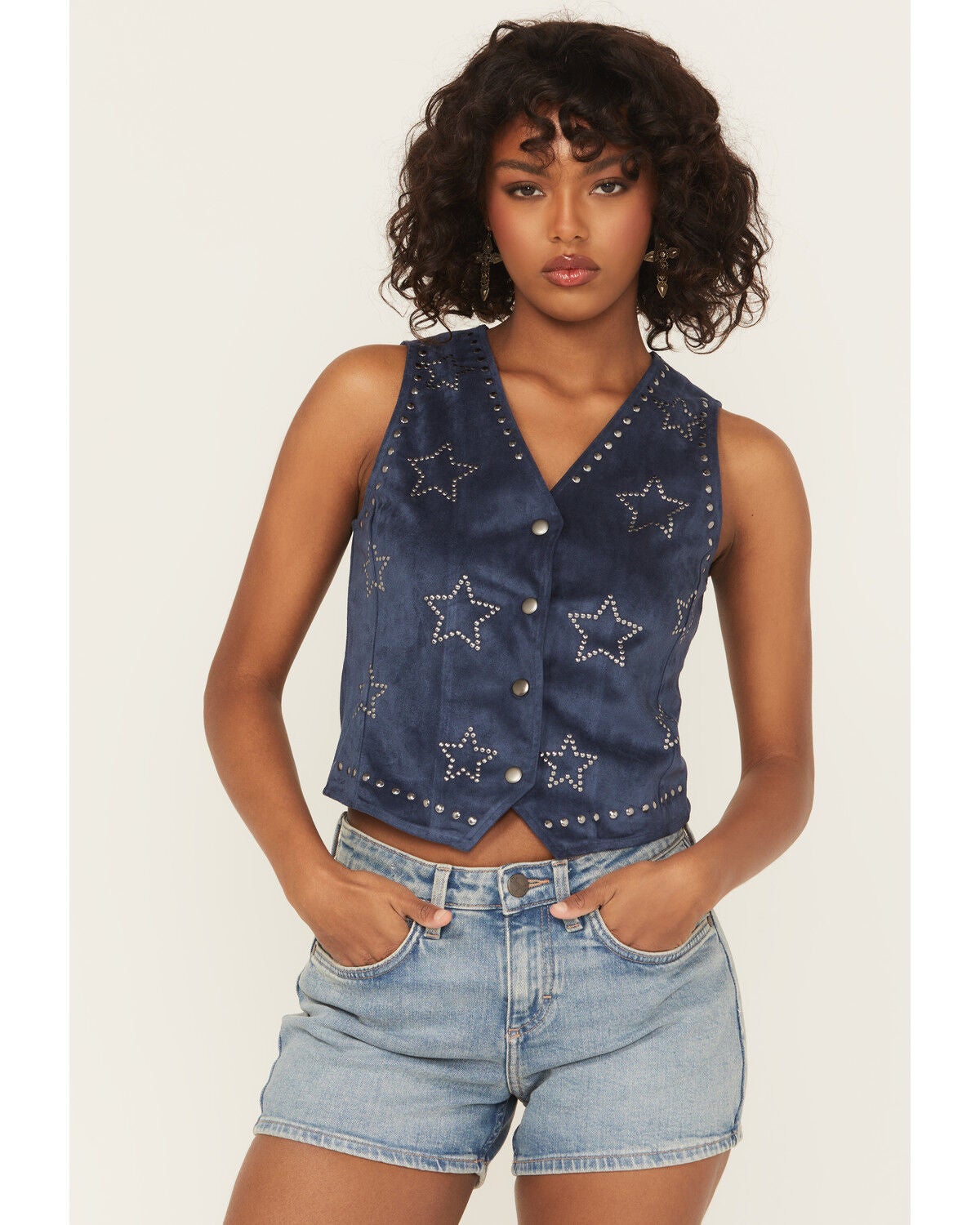 Rock & Roll Denim Women's Star Faux Suede Vest, Navy, hi-res