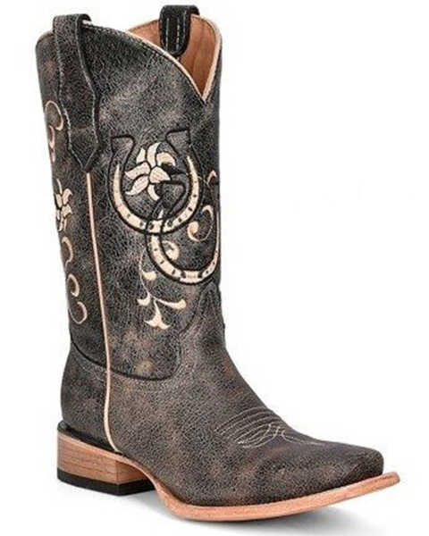 Corral Girls' Floral & Horseshoe Embroidered Western Boots - Square Toe , Black/tan, hi-res