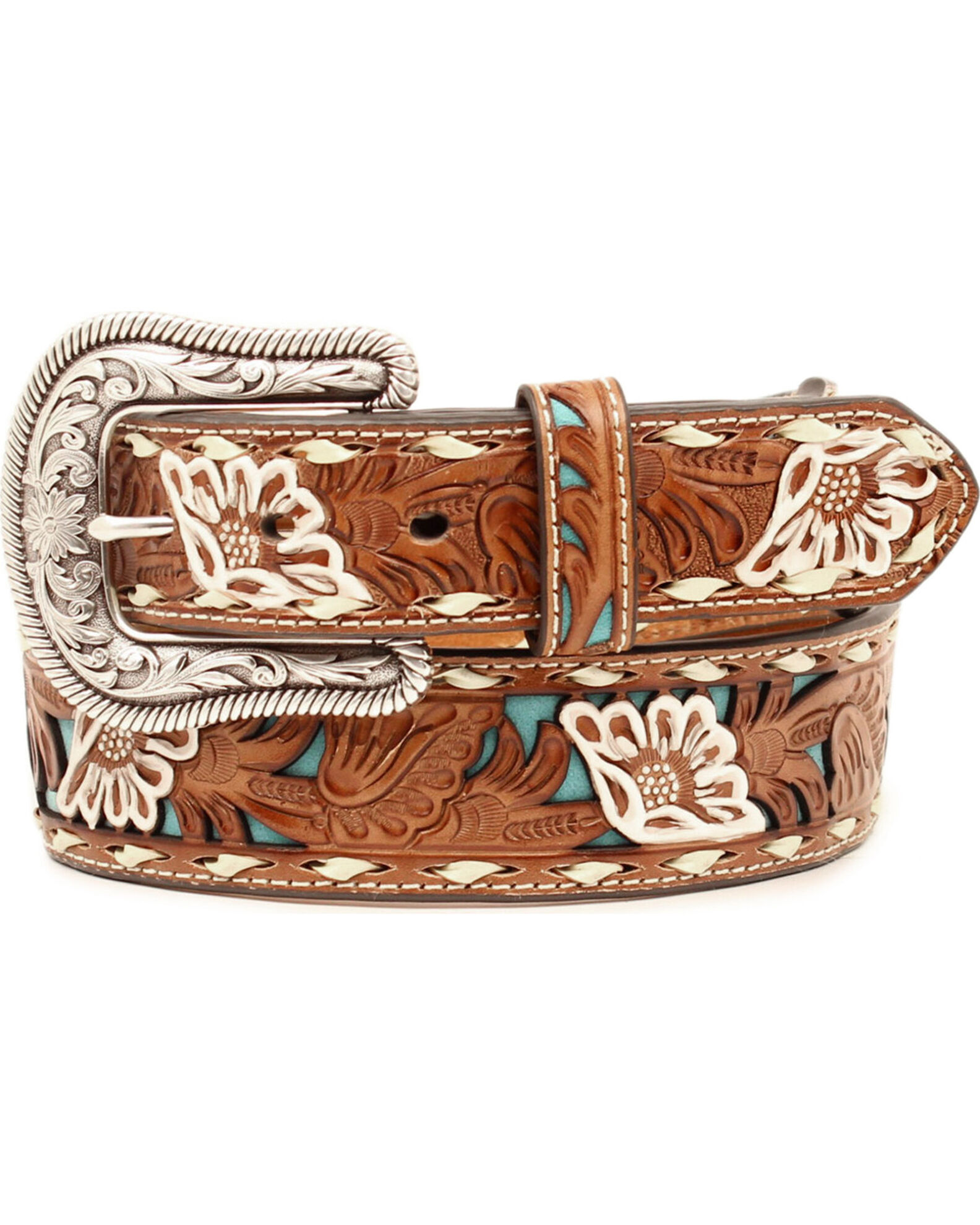 Product Name Nocona Women s Brown Floral Tooled Overlay Leather Belt
