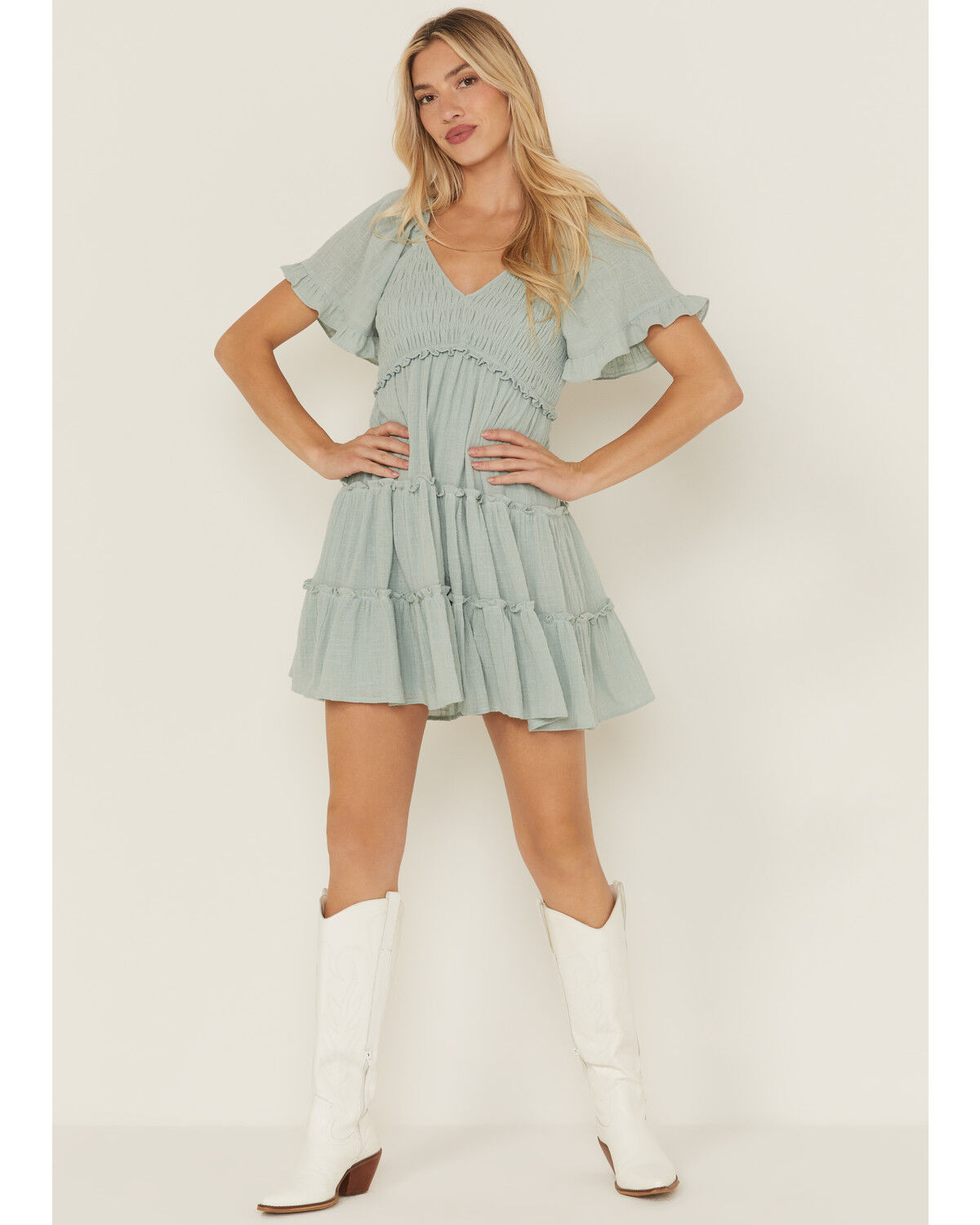 Image #1 - Yura Women's Solid Smocked Short Sleeve Mini Dress, Seafoam, hi-res