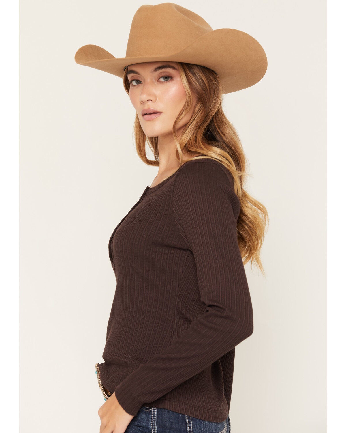 Image #2 - Shyanne Women's Lace Trim Henley Long Sleeve Top, Cognac, hi-res