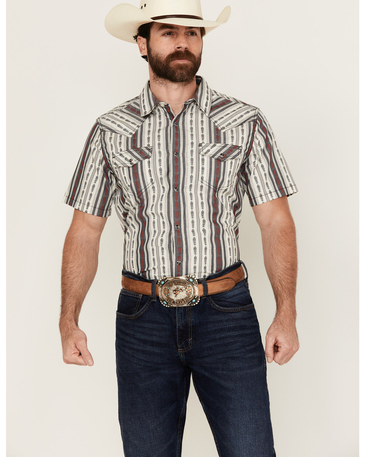 Image #1 - Cody James Men's Patriot Ikat Southwestern Striped Print Short Sleeve Snap Western Shirt, , hi-res
