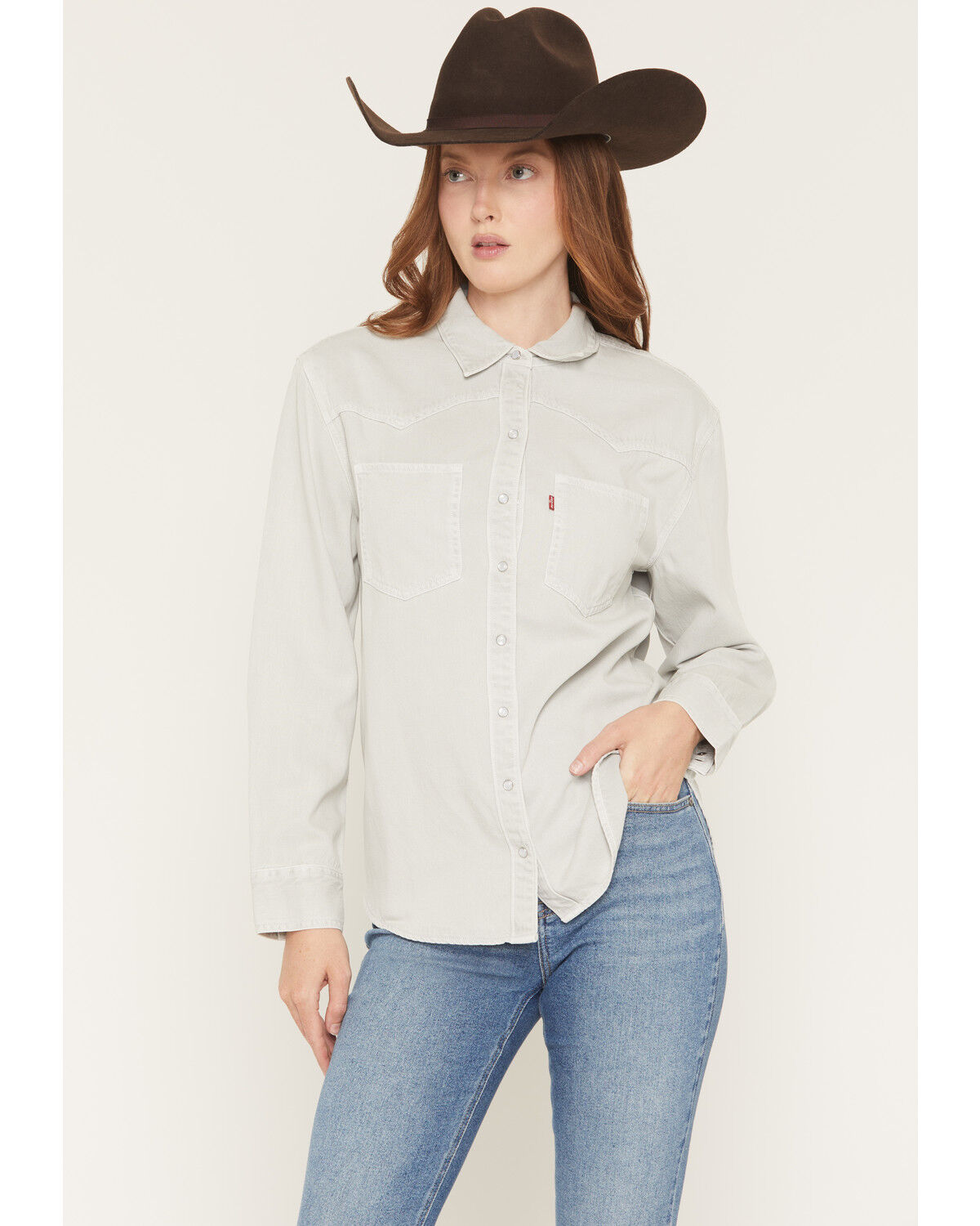 Image #1 - Levi's Women's Teodora Long Sleeve Pearl Snap Western Shirt, Light Grey, hi-res