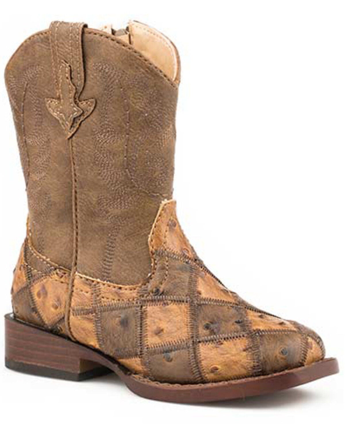 Roper Girls' Bird Blocks Western Boots - Square Toe, Tan, hi-res