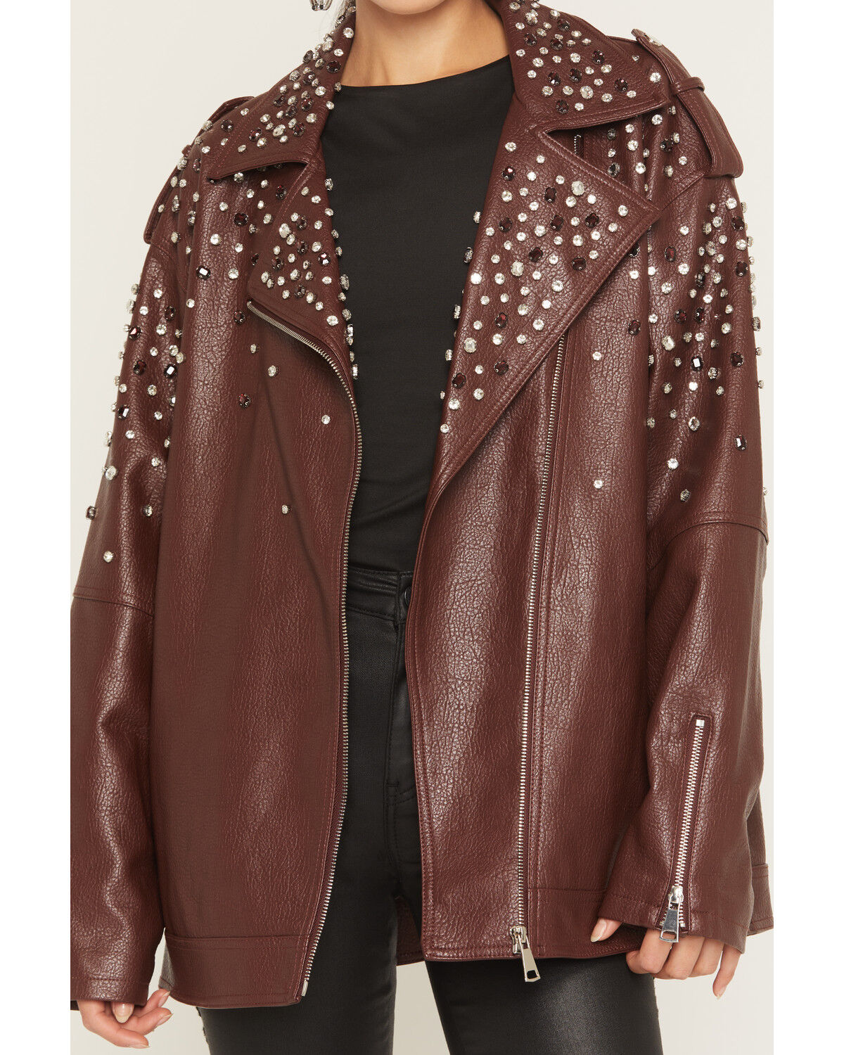 Image #3 - Azalea Wang Women's Catrine Studded Faux Leather Jacket, Burgundy, hi-res