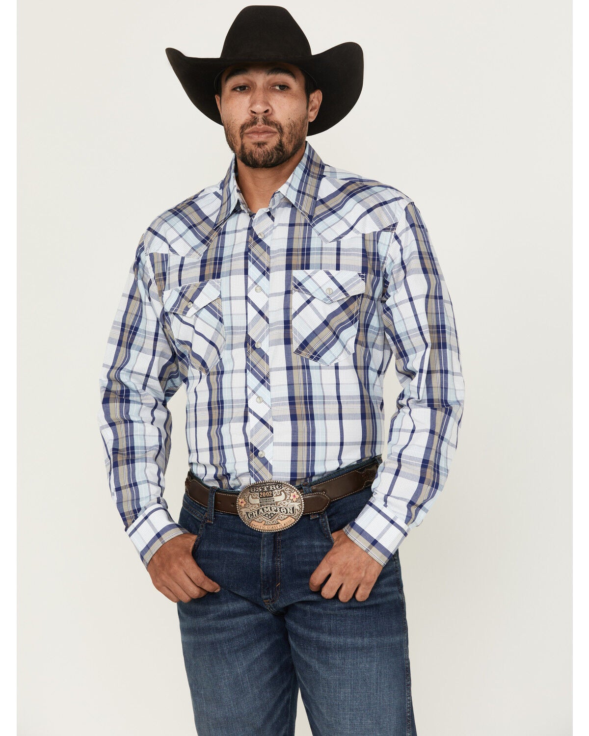 Wrangler 20X Men's Plaid Print Long Sleeve Snap Stretch Western Shirt, Blue, hi-res