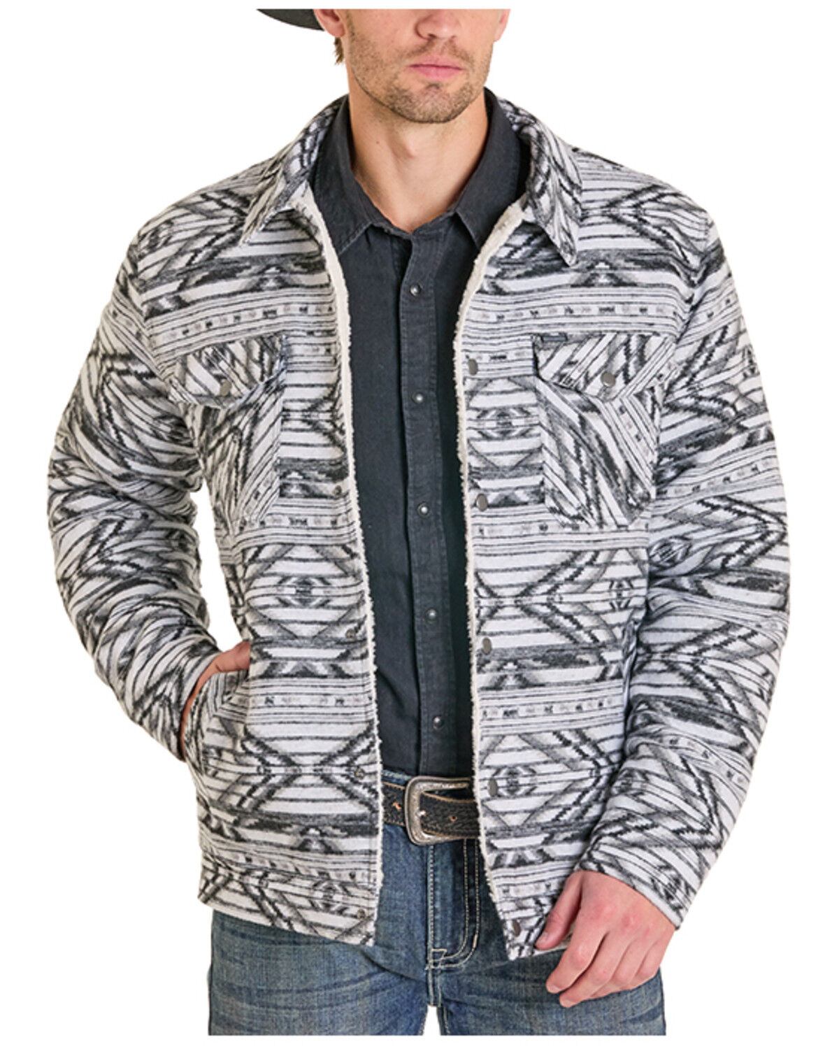Image #1 - Rock & Roll Denim Men's Southwestern Print Berber Lined Shirt Jacket, Grey, hi-res