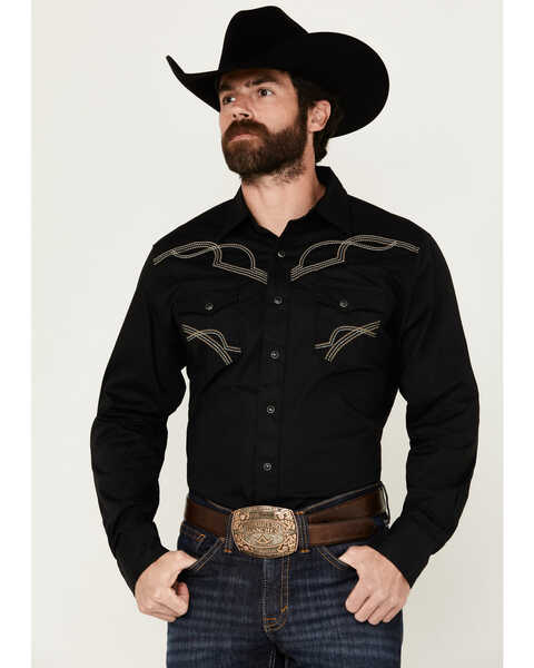 Image #1 - Rock 47 by Wrangler Men's Long Sleeve Embroidered Snap Western Shirt, Black, hi-res