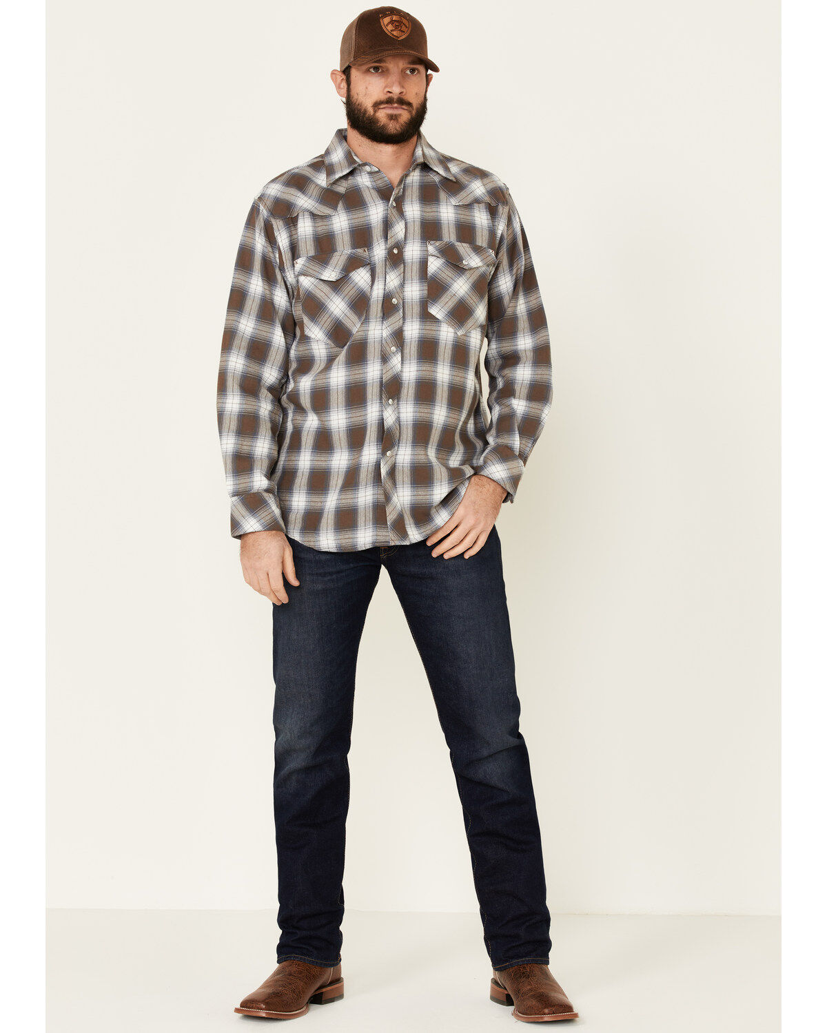 Image #2 - Resistol Men's Cedar Ombre Plaid Print Long Sleeve Snap Western Shirt, Brown, hi-res