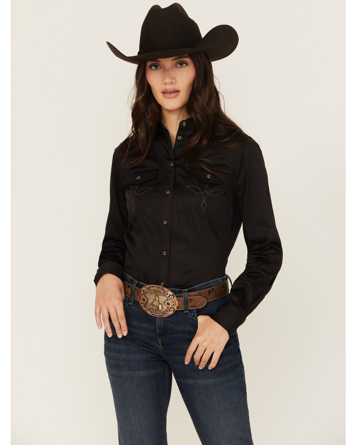 Shyanne Women's Poplin Embroidered Long Sleeve Button-Down Stretch Western Shirt, Black, hi-res