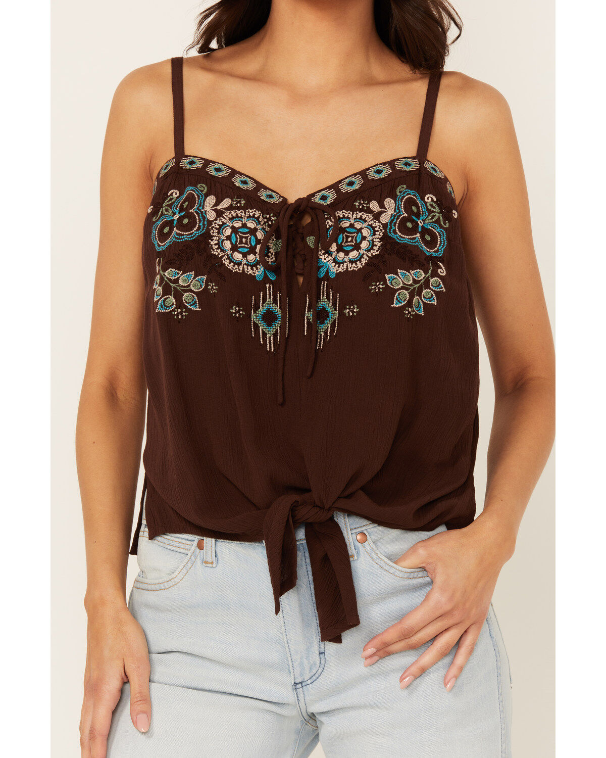 Image #3 - Shyanne Women's Embroidered Tie Front Tank, Dark Brown, hi-res