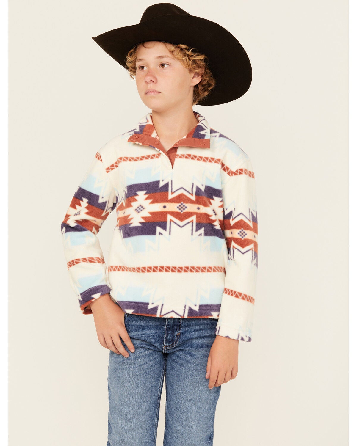 Roper Boys' Southwestern Print 1/4 Snap Fleece Pullover, Ivory, hi-res