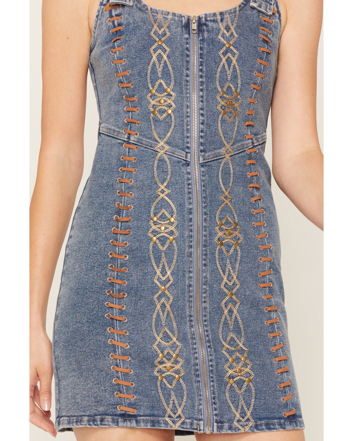 Blue B Women's Medium Wash Embroidered Denim Mini Dress