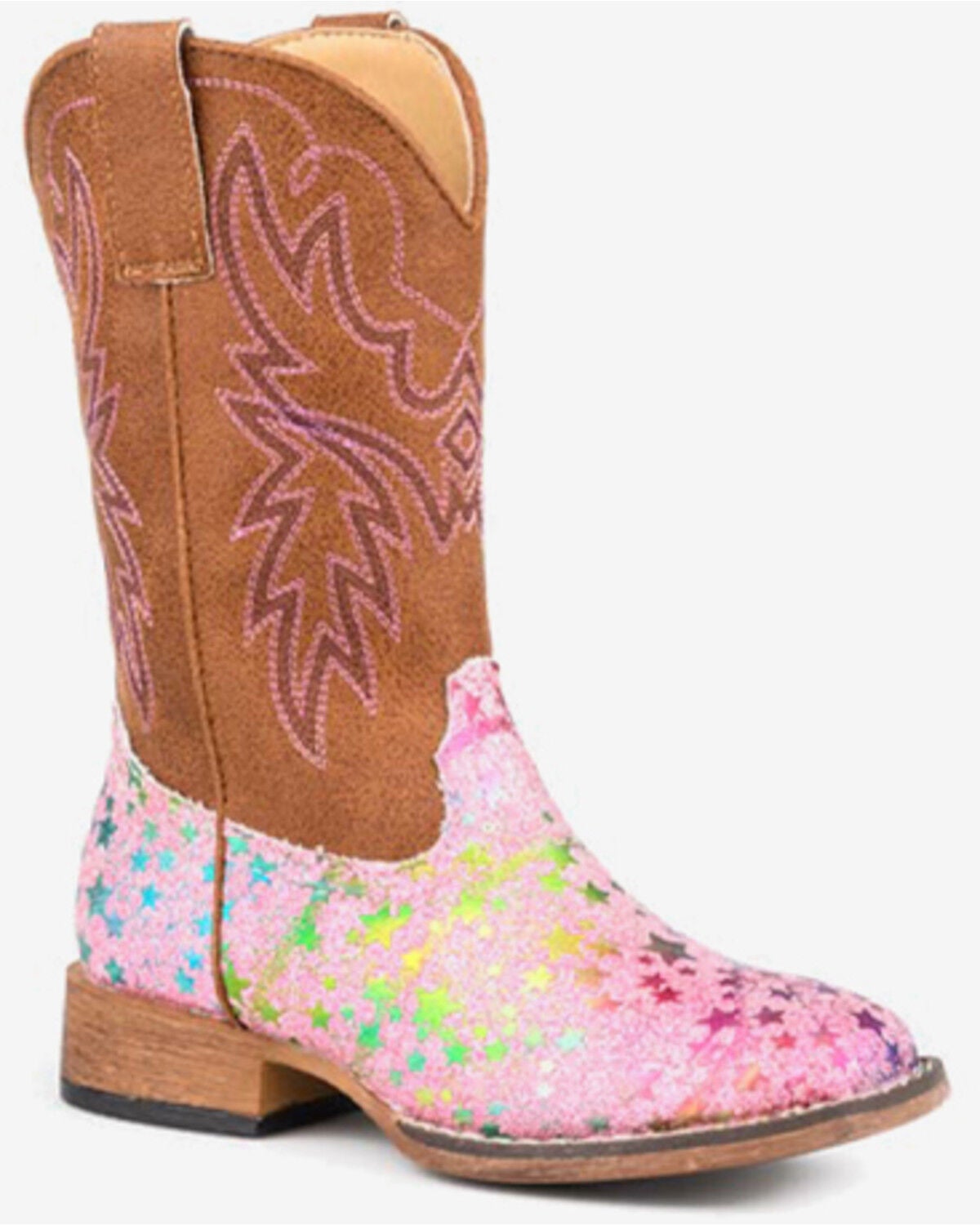 Image #1 - Roper Girls' Glitter Stars Western Boots - Broad Square Toe, Pink, hi-res