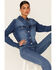 Image #1 - Shyanne Women's Cali Medium Wash Fray Hem Button Down Crop Denim Jacket, Medium Blue, hi-res