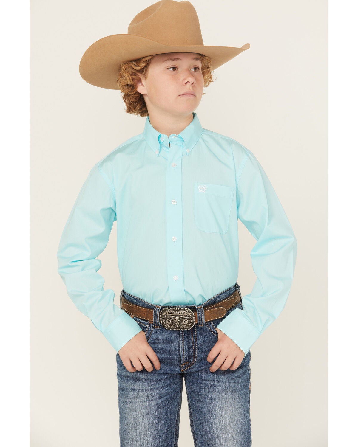 Cinch Boys' Solid Long Sleeve Button-Down Western Shirt, Turquoise, hi-res