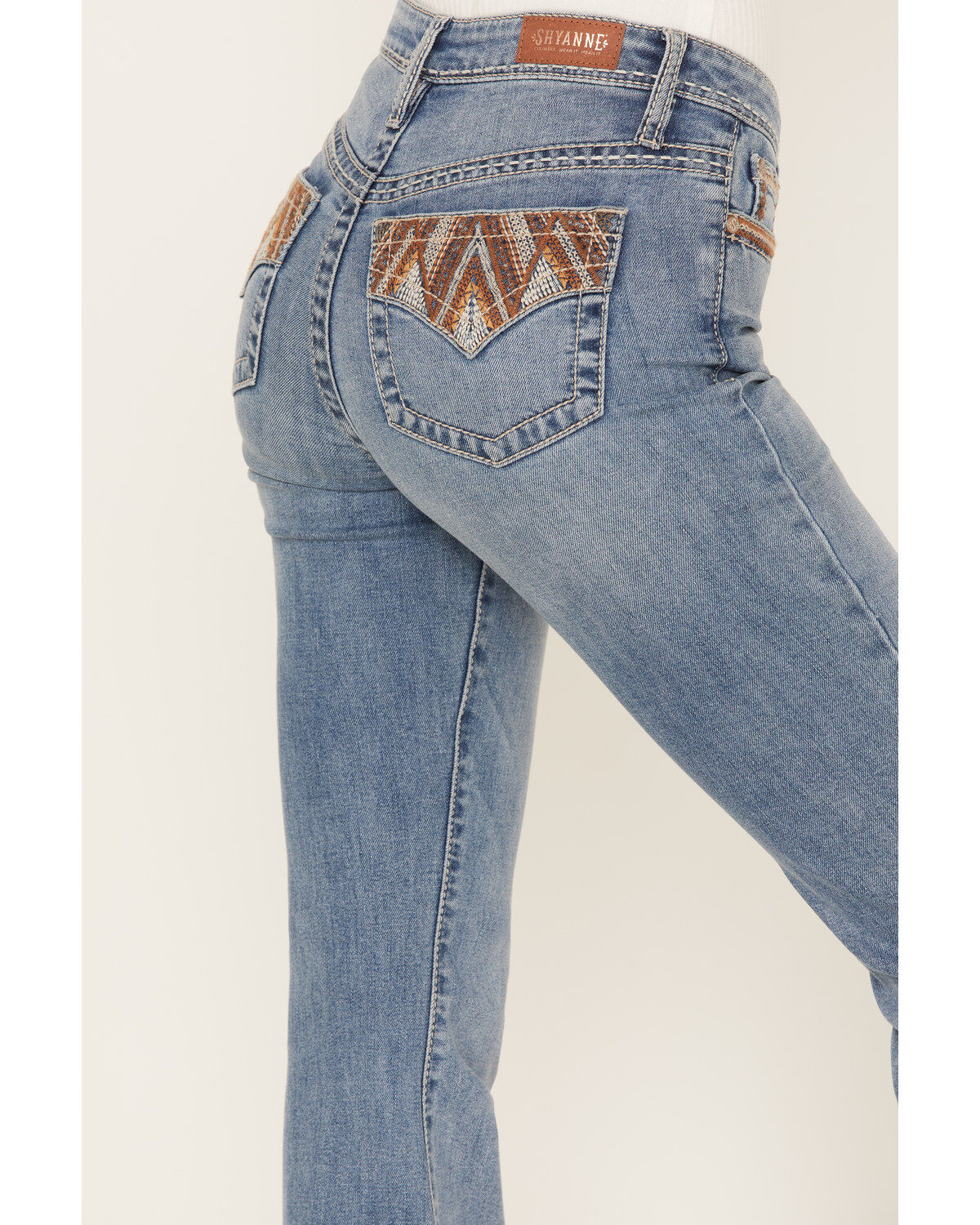 Image #2 - Shyanne Women's Chevron Embroidered Light Wash Mid Rise Flare Jeans, , hi-res