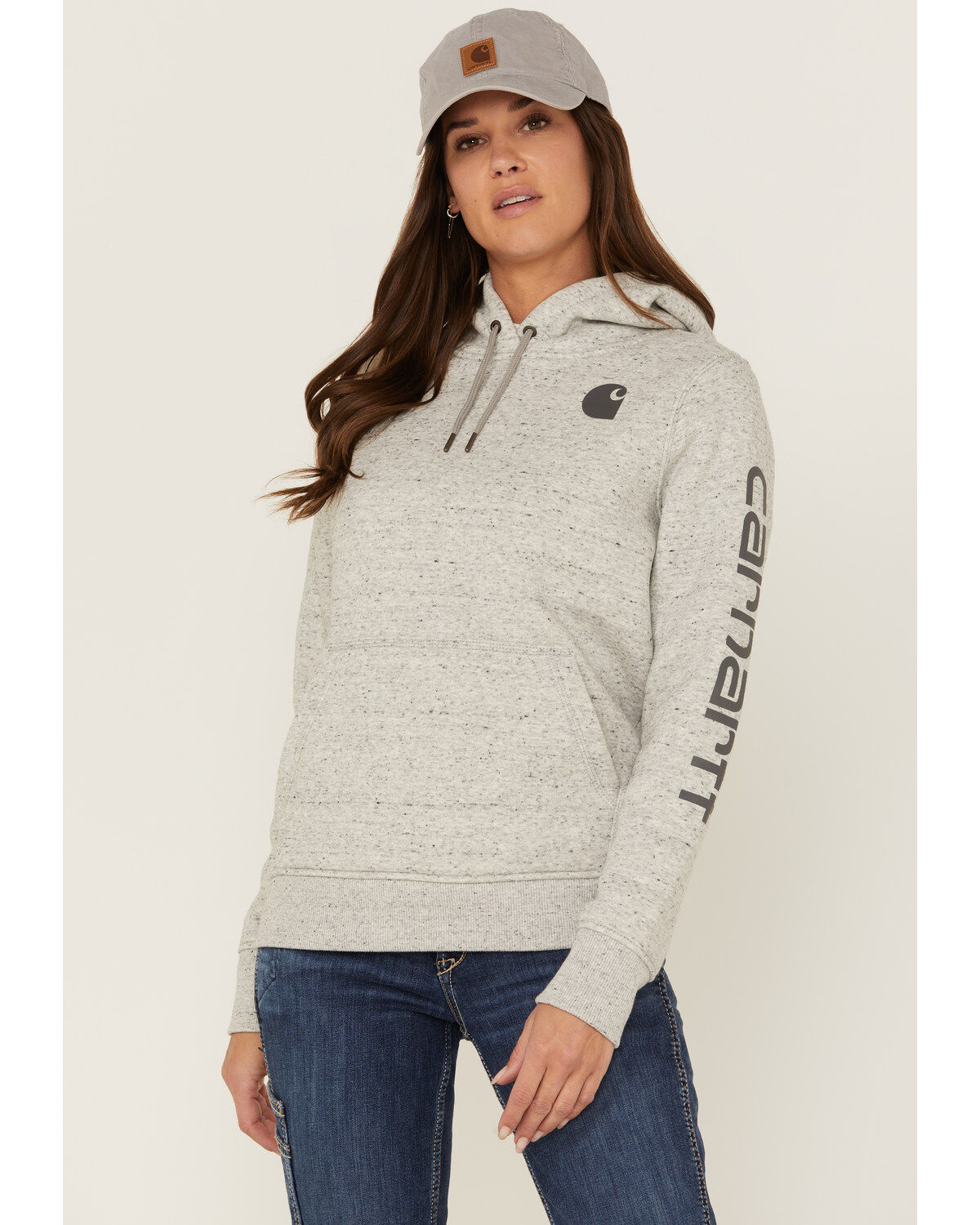 Carhartt Women's Clarksburg Sleeve Logo Hooded Sweatshirt, Heather Grey, hi-res