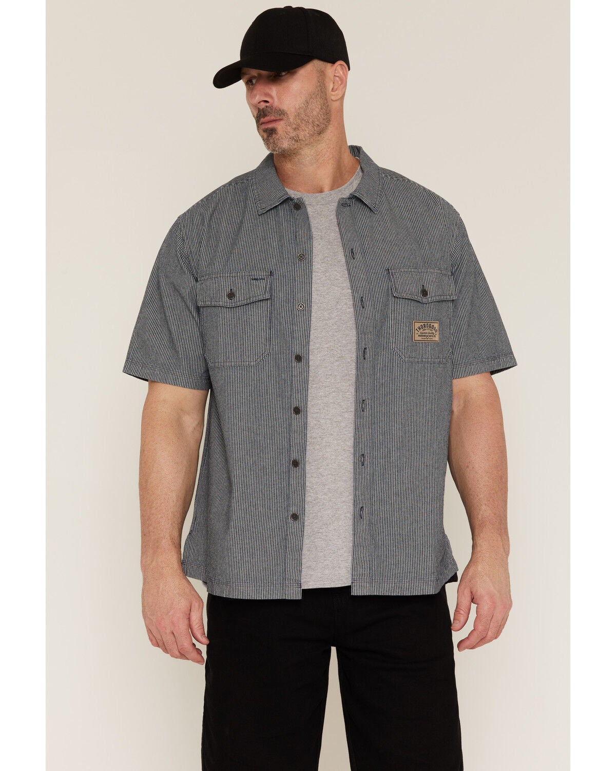 Thorogood Men's Striped Short Sleeve Button-Down Garage Shirt, Blue/white, hi-res