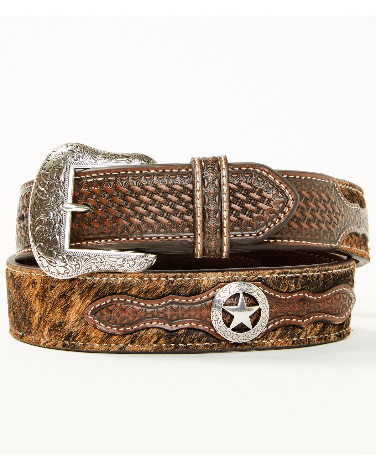 Cody James Men's Hair-On Concho Leather Belt, Brown, hi-res