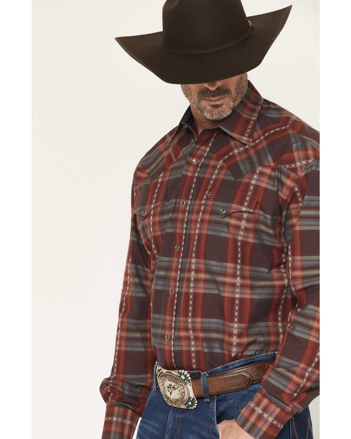 Image #2 - Stetson Men's Plaid Print Long Sleeve Snap Western Shirt, Wine, hi-res