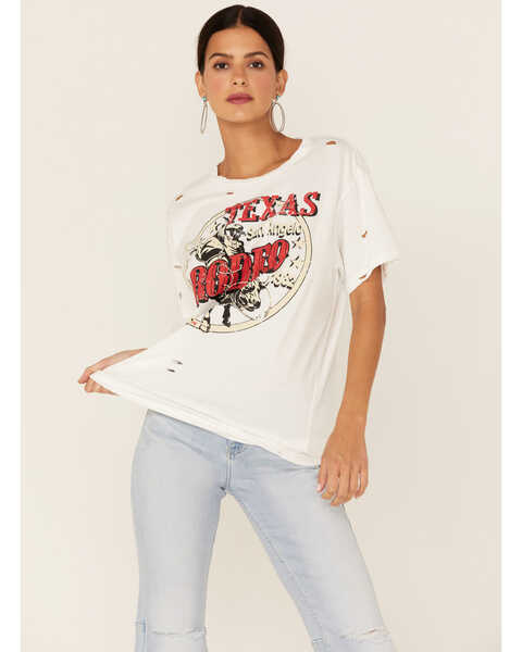 Country Deep Women's Texas San Angelo Rodeo Graphic Distressed Short Sleeve Tee, White, hi-res