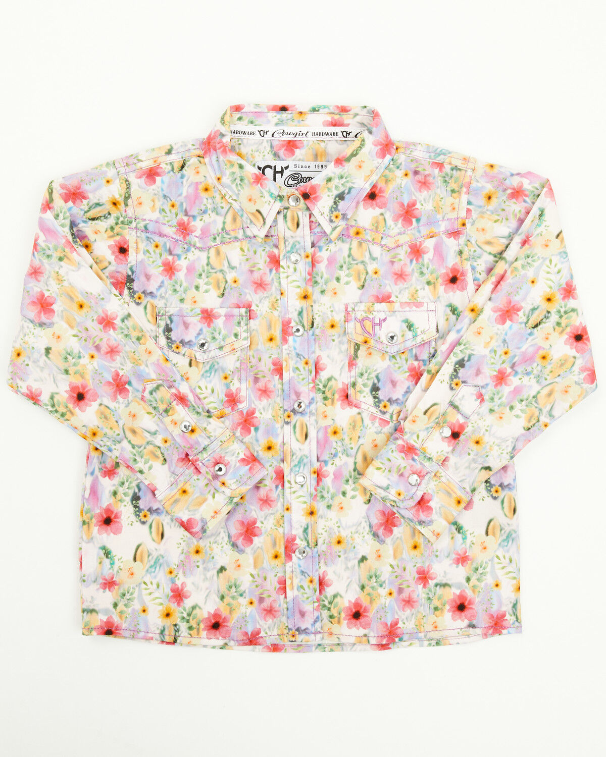 Image #1 - Cowgirl Hardware Toddler Girls' Floral Print Long Sleeve Rhinestone Snap Stretch Western Shirt, Pink, hi-res