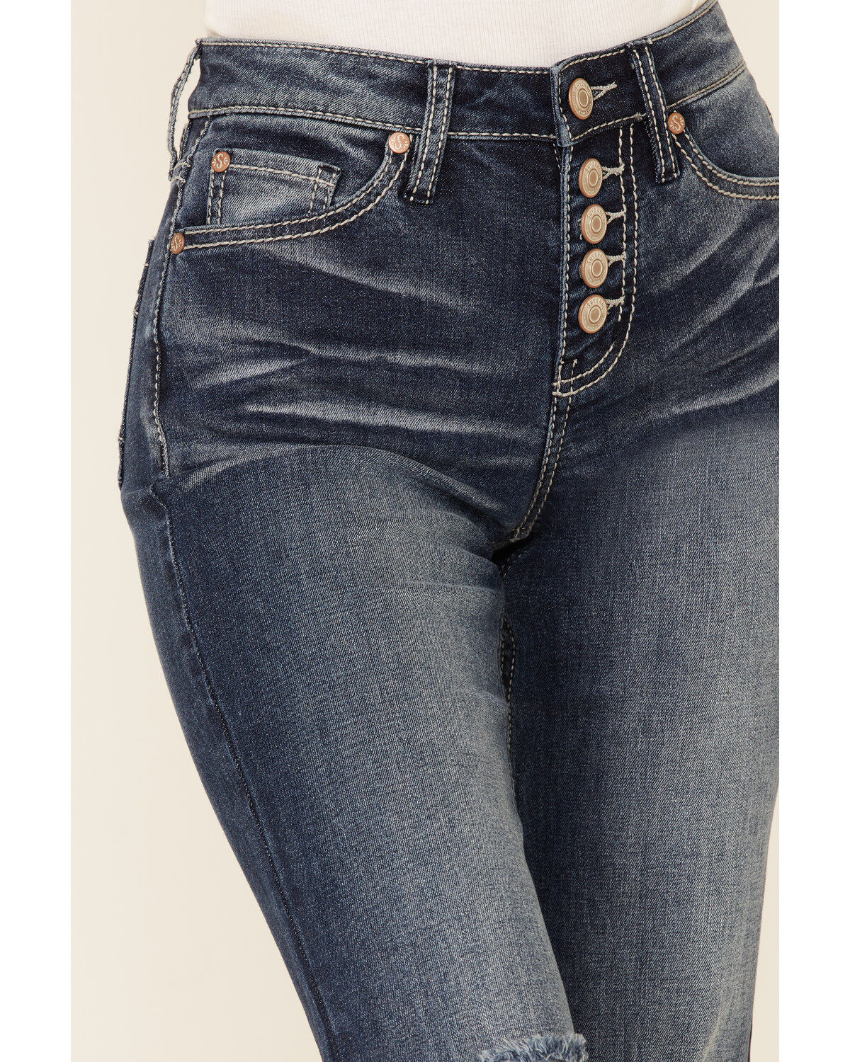 Image #2 - Shyanne Women's Dark High Rise Flare Distressed Knee Flare Stretch Denim Jeans, , hi-res