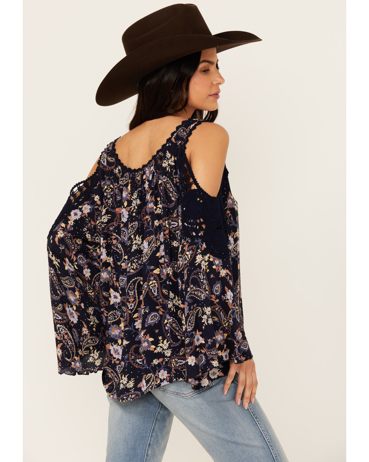 Image #4 - Bila Women's Floral Print Long Sleeve Cold Shoulder Shirt, Blue, hi-res