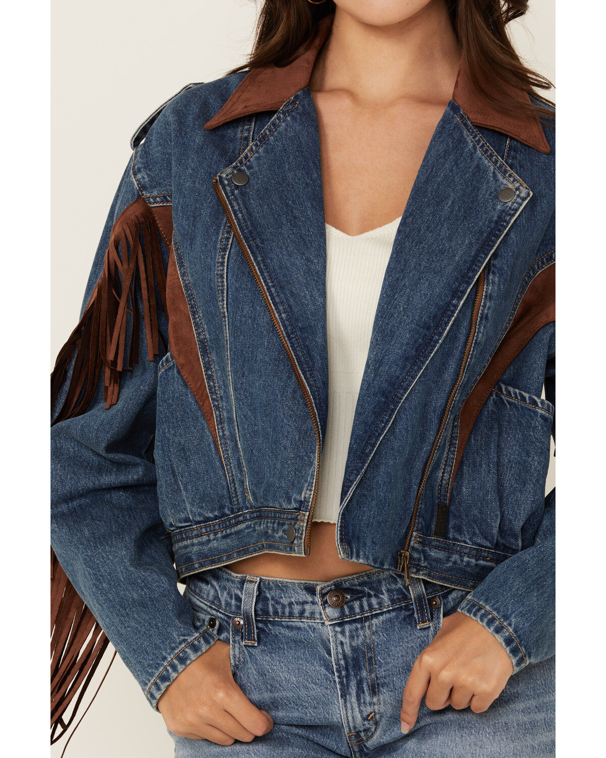 Image #3 - Rock & Roll Denim Women's Medium Wash Faux Suede Fringe Denim Jacket, , hi-res